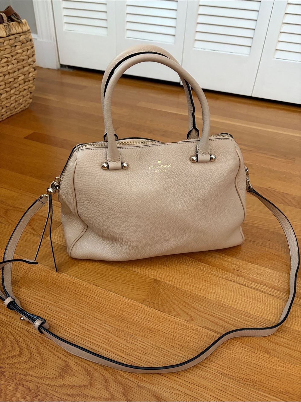 Kate Spade Beige Pebbled Leather Satchel with Crossbody Strap and Gold Hardware